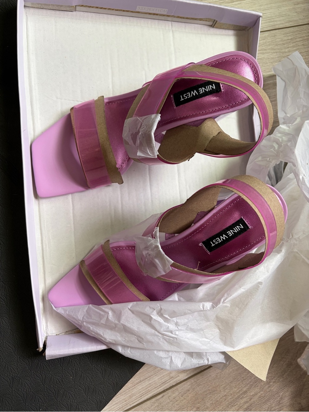 Nine West Pink Strappy Block Heel Sandals with Tan Accents